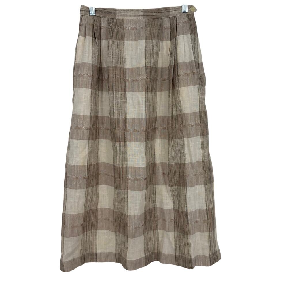 Paula Saker Vintage Women's Brown Cream Plaid Linen Blend Lined Midi Skirt Sz 8